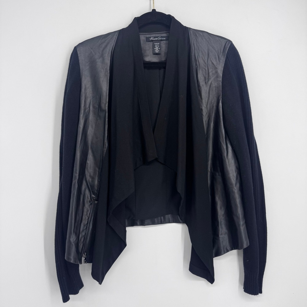Kenneth Cole New York Mixed Media Jacket Womens Medium Black Faux Leather Moto